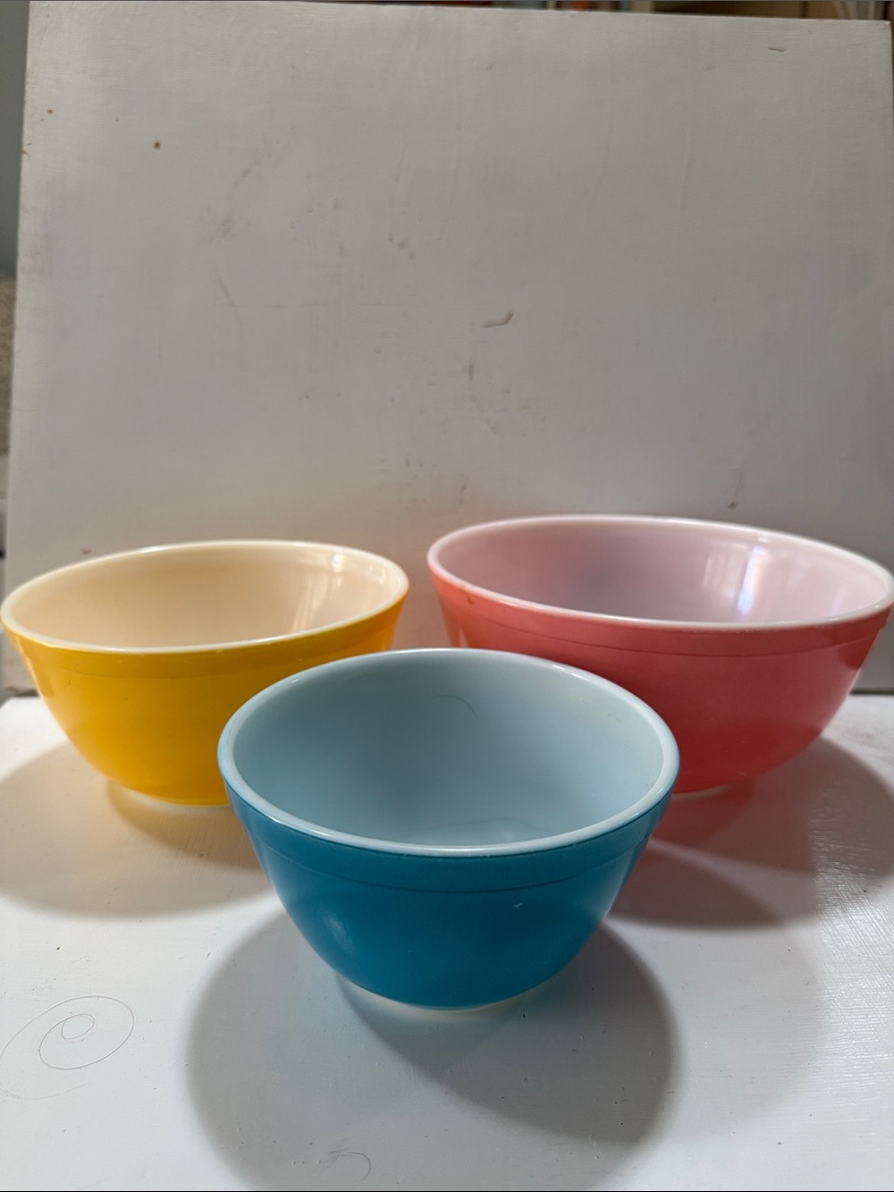 PYREX Vintage Bright Blue, Yellow & Pink Ceramic Mixing Bowl Trio